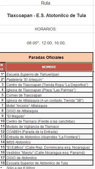 Escuela Superior Atotonilco de Tula :: Ruta y horarios del transporte  universitario