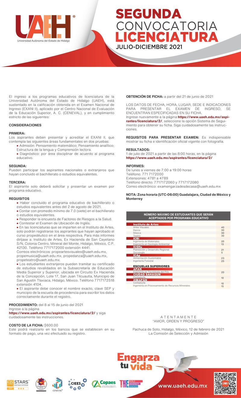 Boletín :: Emite UAEH segunda convocatoria de licenciatura para semestre  julio-diciembre 2021